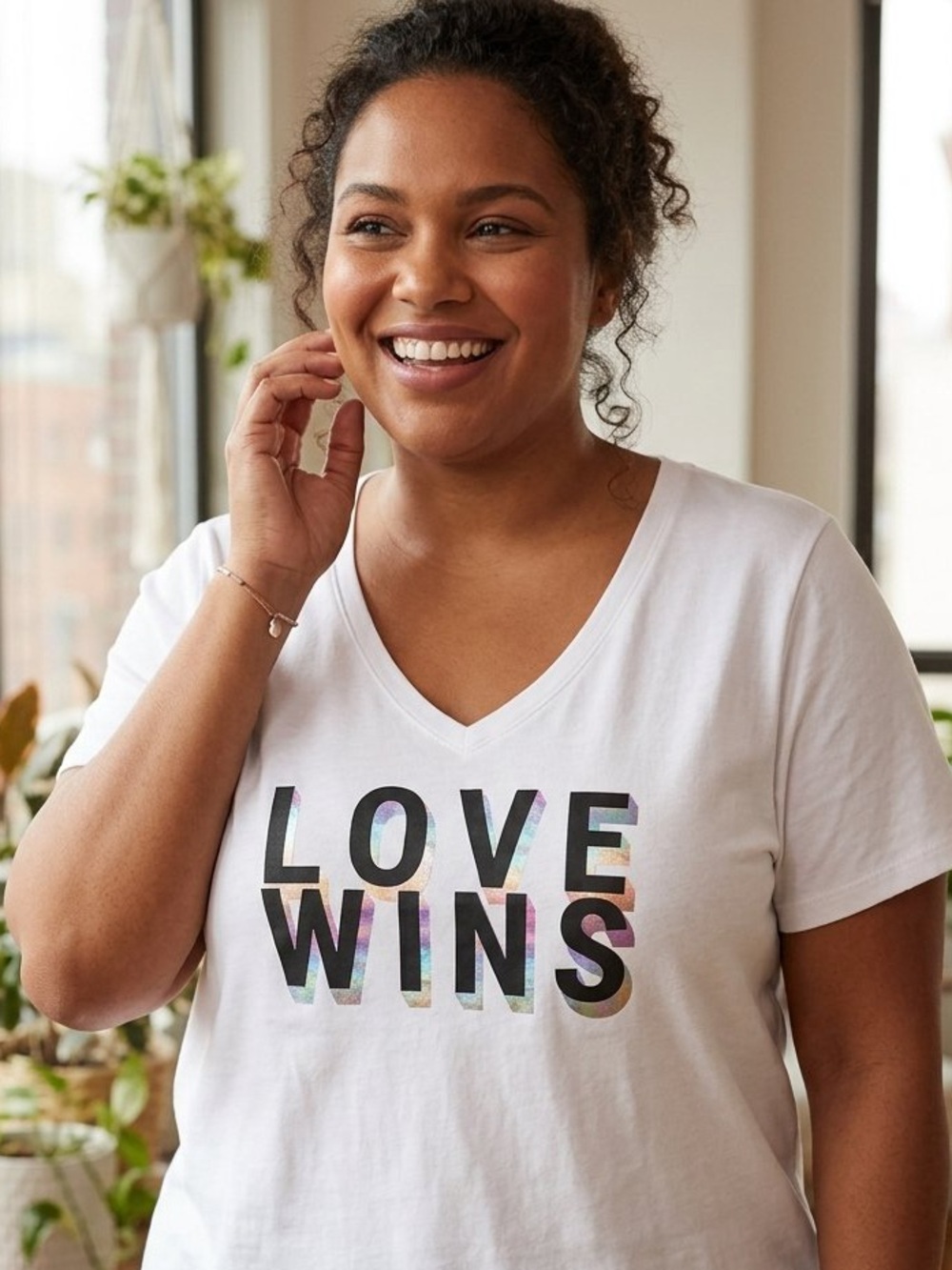 Lane Bryant White V-Neck LOVE WINS Graphic Tee with Rainbow Foil Size 23/24